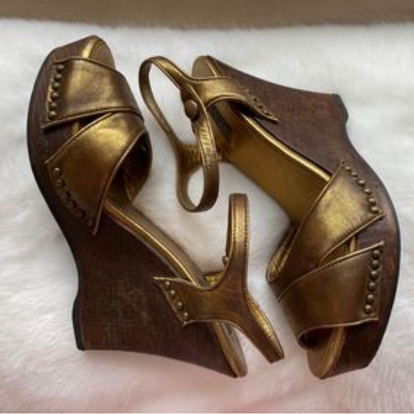 Authentic Prada Gold/Bronze Metallic Wooden Wedge Heels Sandals 36.5 / 6 - Picture 3 of 5